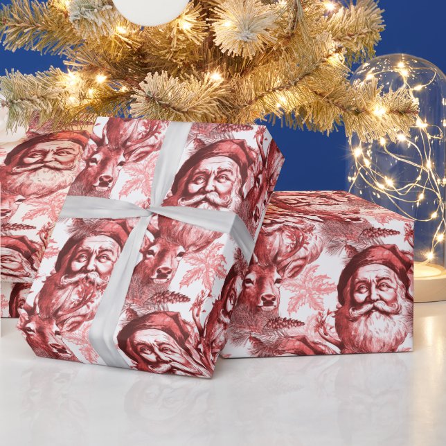 Alt gestalteter Lithograph Santa and Reindeh Red Geschenkpapier (Feiertage)