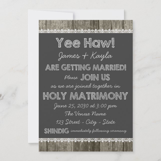 Alt modische Redneck Country Chalkboard Hochzeit Einladung (Vorderseite)