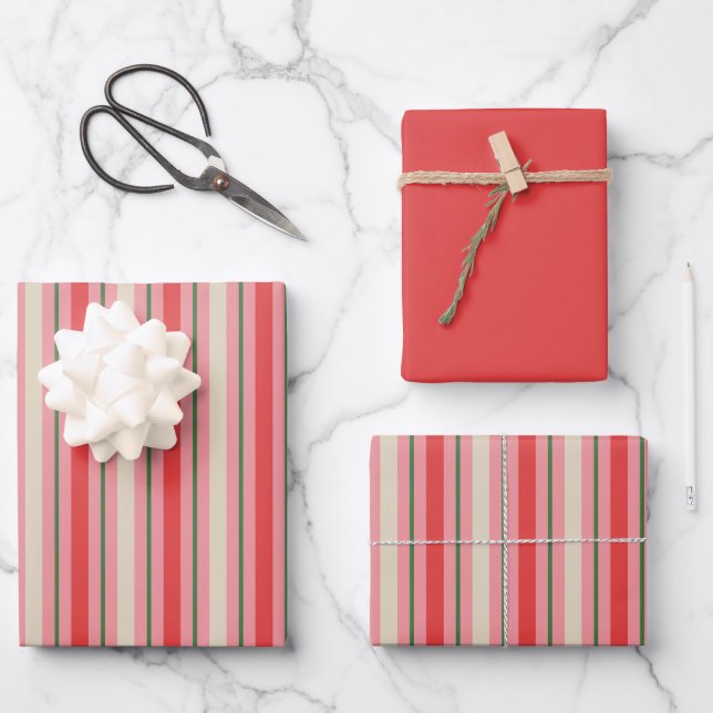 Alt modische Retro Weihnachtsstreifen Rosa Rot Geschenkpapier Set (Vorderseite)