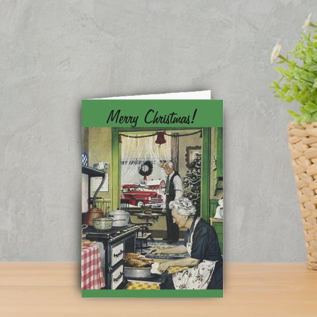 Alt modische Vintage Zuhause Weihnachtskarte Feiertagskarte (Vintage image in Grandma kitchen at holidays cooking dinner on green Merry Christmas card.)