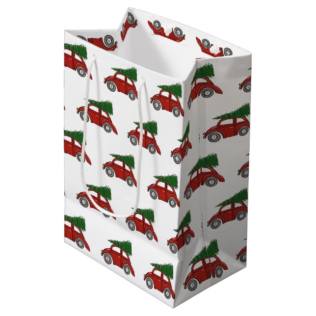 Alt modische Weihnachtsbaumwagen Familientradition Mittlere Geschenktüte (Vorderseite Schrägansicht)