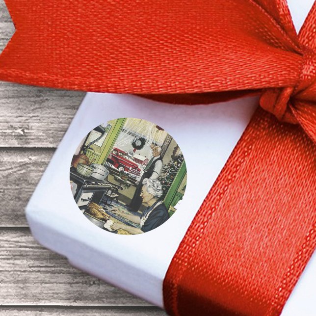 Alt modische Zuhause Kitchen Weihnachten Runder Aufkleber (Vintage holiday scene grandma cooking Christmas turkey on round sticker.)