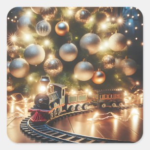 Alt-modischer Gold-Weihnachtszug unter dem Baum Quadratischer Aufkleber