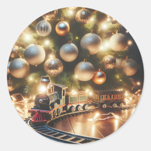 Alt-modischer Gold-Weihnachtszug unter dem Baum Runder Aufkleber