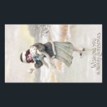 Alt modischer Ice Skater Weihnachten Rechteckiger Aufkleber<br><div class="desc">"Wünscht Euch frohe Weihnachten" Ein Mädchen,  das auf einem gefrorenen Teich eisgekühlt ist,  macht sich bereit,  einen Schneeball in einer Weihnachtspostkarte des Jahrgangs 1914 zu loben.</div>