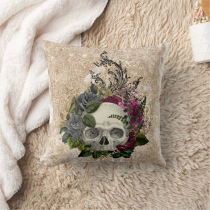 Alt Welt Burgund Rosa Floraler Totenkopf auf Gold Kissen