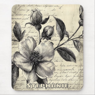 Alt-Welt-Sepia-Blumen-Skizze-Pergament Mousepad