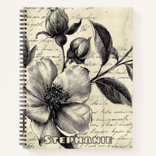 Alt-Welt-Sepia-Blumen-Skizze-Pergament Notizbuch
