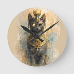 Altägyptische Bastet-Katzengöttin-Aquarell-Kunst Runde Wanduhr