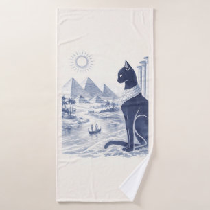 Alte ägyptische Bastet-Katze und Pyramiden Blau Badehandtuch