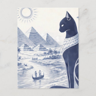 Alte ägyptische Bastet-Katze und Pyramiden Blau Postkarte