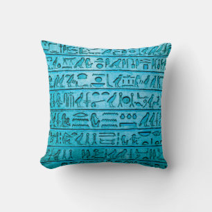 Alte ägyptische Hieroglyphen - Blaues Plateau Kissen