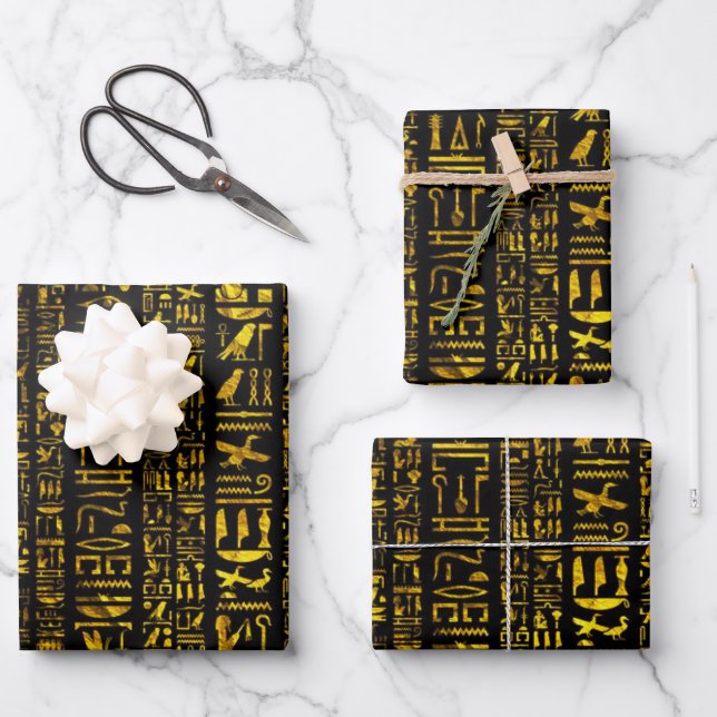 Alte ägyptische Hieroglyphen Gold schwarze Decopag Geschenkpapier Set (Vorderseite)