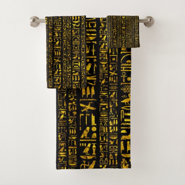 Alte ägyptische Hieroglyphen, Gold und Schwarz Badhandtuch Set (Insitu)