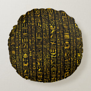 Alte ägyptische Hieroglyphen, Gold und Schwarz Rundes Kissen
