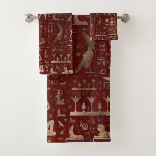 Alte ägyptische Hieroglyphen rotes Leder und Gold Badhandtuch Set