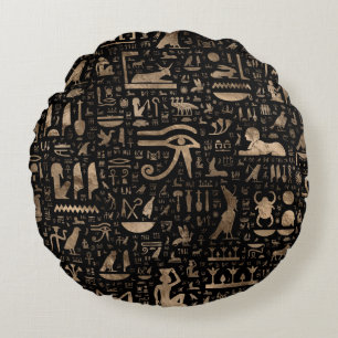 Alte ägyptische Hieroglyphen - Schwarz und Gold Rundes Kissen