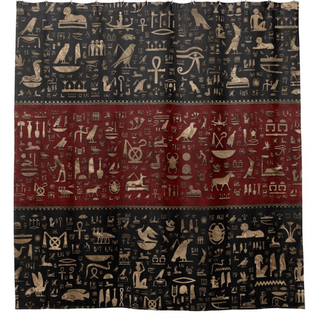 Alte ägyptische Hieroglyphen - schwarzes rotes Duschvorhang (Vorderseite)