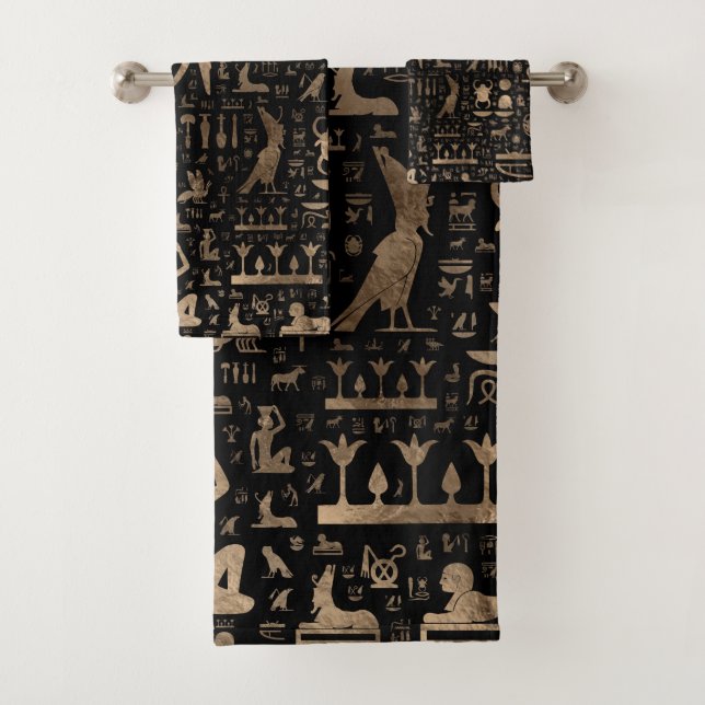 Alte ägyptische Hieroglyphen - Schwarzes und Gold Badhandtuch Set (Insitu)