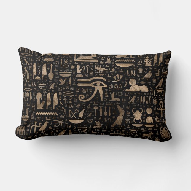 Alte ägyptische Hieroglyphen - Schwarzes und Gold Lendenkissen (Vorderseite)