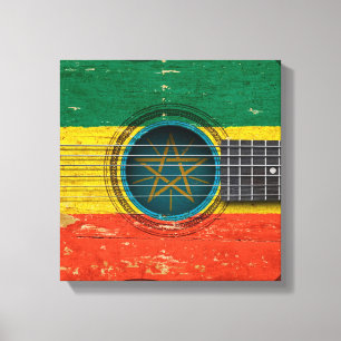 Alte Akustikgitarre mit äthiopischer Flagge Leinwanddruck