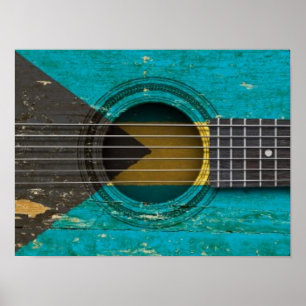 Alte Akustikgitarre mit Bahamas-Flagge Poster