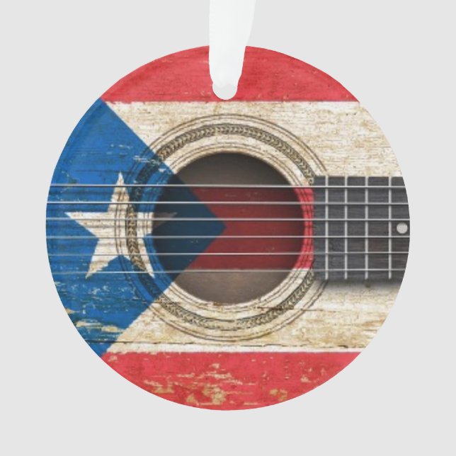 Alte Akustikgitarre mit Puerto- Ricoflagge Ornament (Vorderseite)