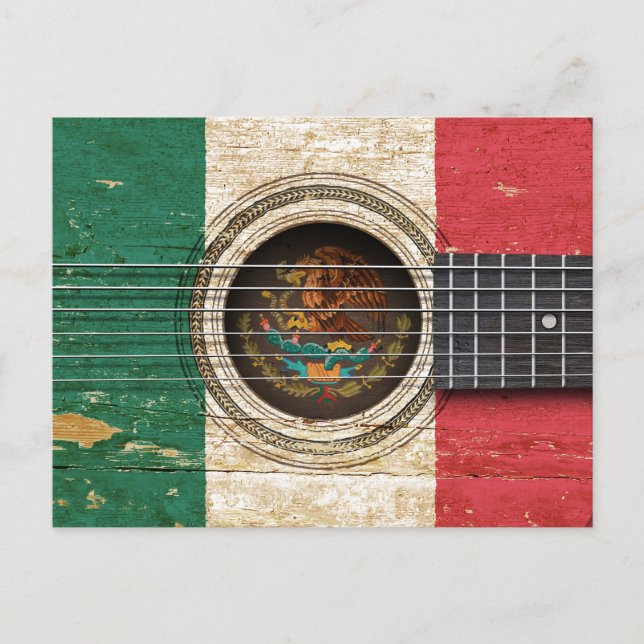 Alte akustische Gitarre mit mexikanischer Flagge Postkarte (Vorderseite)