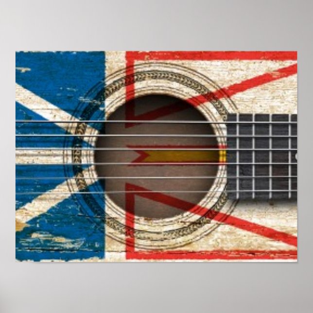 Alte akustische Gitarre mit neugrüner Flagge Poster (Vorne)