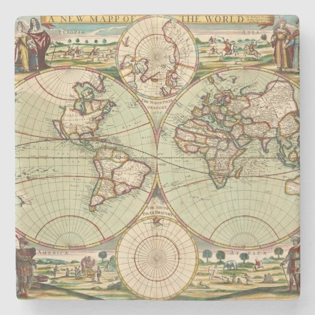 Alte Antike Weltkarte Lithographie Steinuntersetzer (Vorderseite)