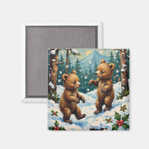 Alte Bärenjungen spielen im schneebedeckten Weihna Magnet