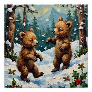 Alte Bärenjungen spielen im schneebedeckten Weihna Poster