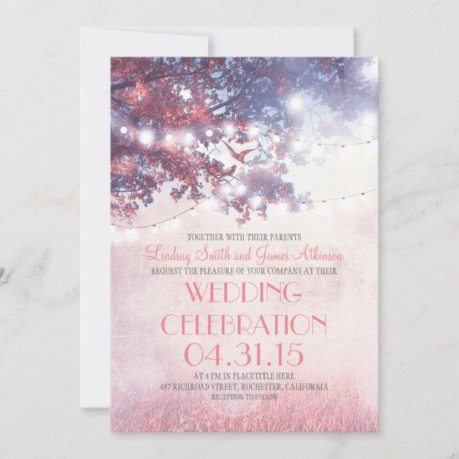 Alte Baumleuchten & Vögel Einladung zur Hochzeit (Vorderseite)