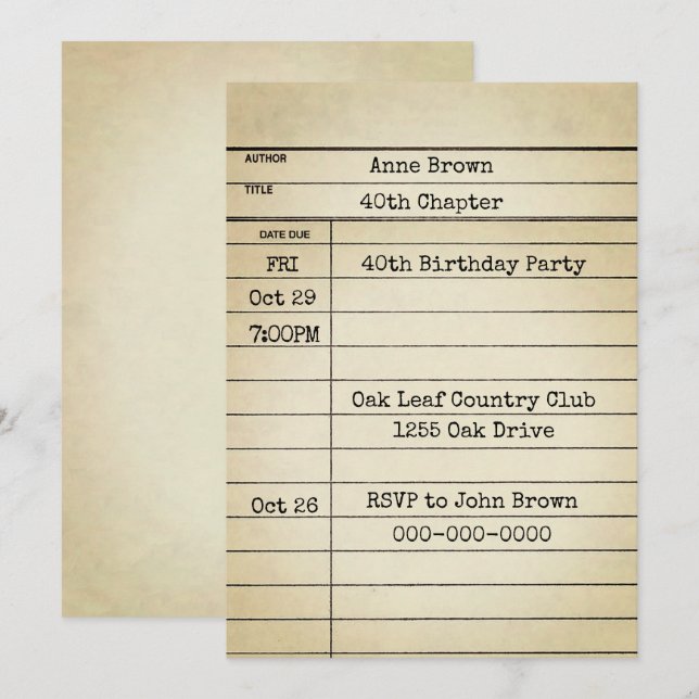 Alte Bibliothekskarte 40. Geburtstag Party Einladung (Vorne/Hinten)
