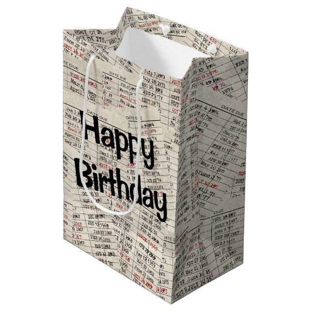Alte Bibliothekskarten zum Geburtstag Mittlere Geschenktüte (Vorderseite Schrägansicht)