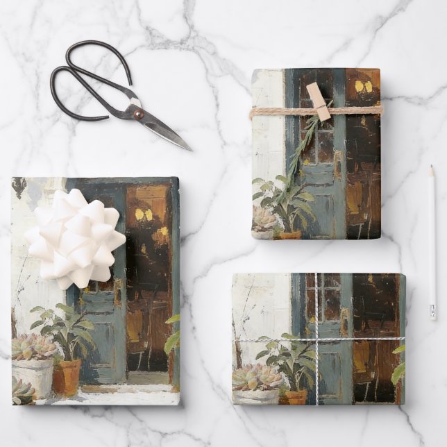 Alte blaue Tür mit Topfpflanzen als Geschenkpapier Set (Vorderseite)