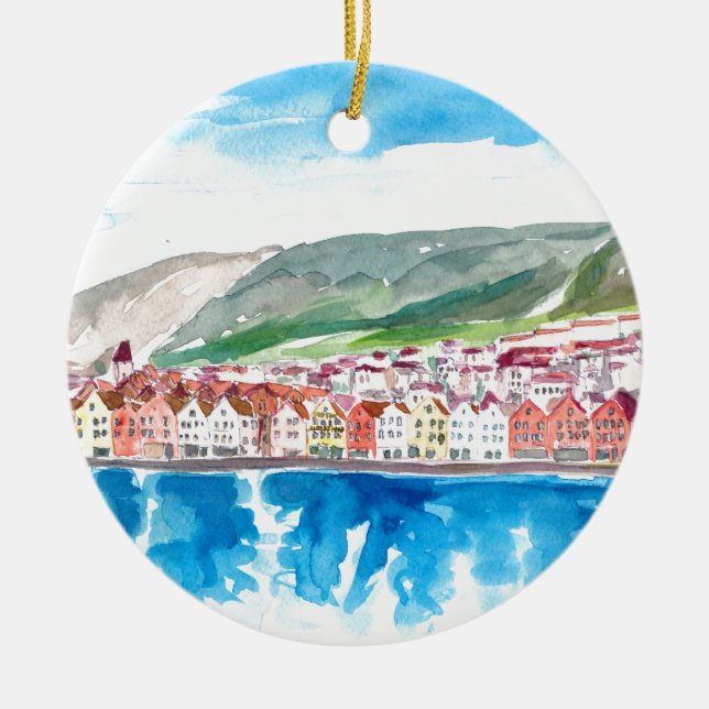 Alte Bryggen Hafen-Seeseite Bergens Norwegen Keramik Ornament (Vorne)