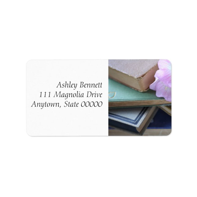 Alte Bücher mit rosa Blume Adressaufkleber (Vorne)