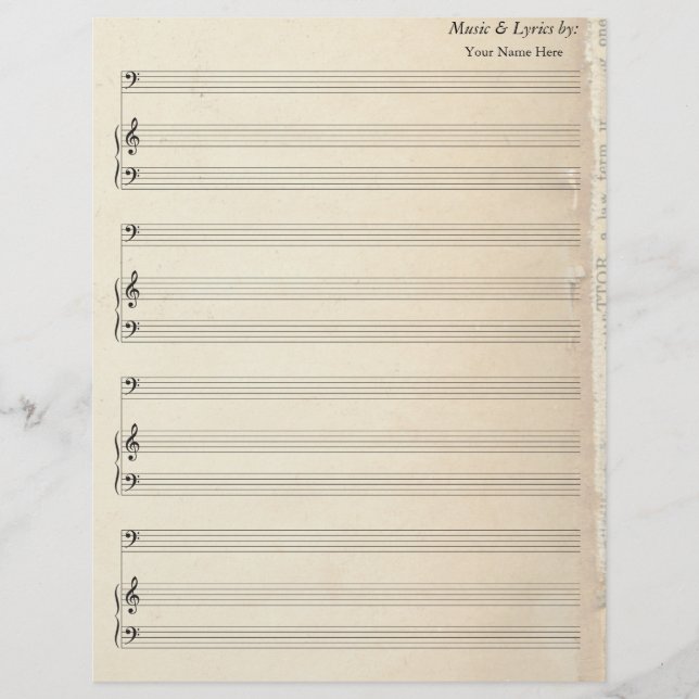 Alte Buchseite Blank Sheet Music Bass Clef (Vorderseite)
