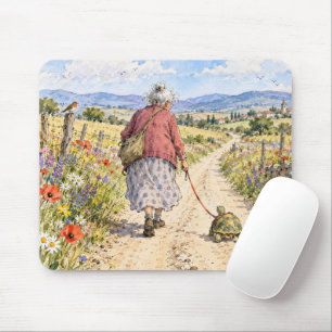 Alte Dame führt eine Schildkröte spazieren Mousepad