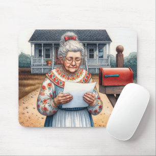 Alte Dame liest einen Brief neben einem Briefkaste Mousepad
