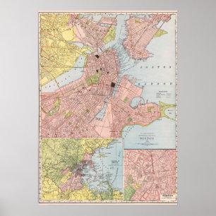 Alte detaillierte Stadtkarte von Boston 1912 Poster