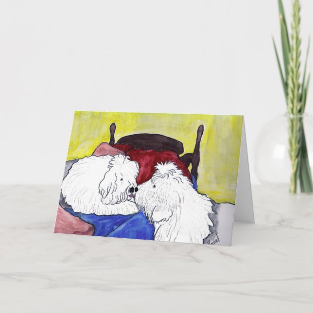 Alte englische Schafhunde küssen gute Nacht Karte (Vorderseite)