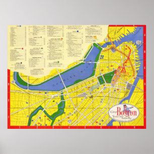Alte farbenfrohe detailreiche Bildkarte von Boston Poster