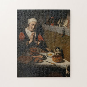Alte Frau beten zu Essen Vintage mittelalterliche 