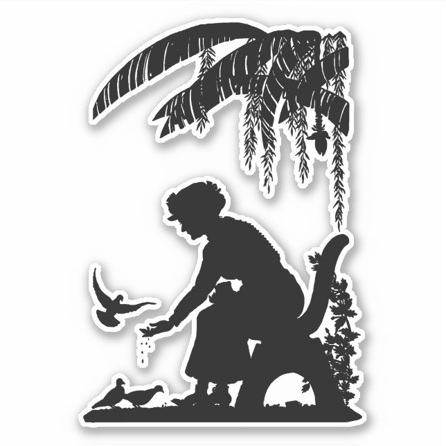 Alte Frau füttre Vogelkunst Silhouette Aufkleber (Vorderseite)