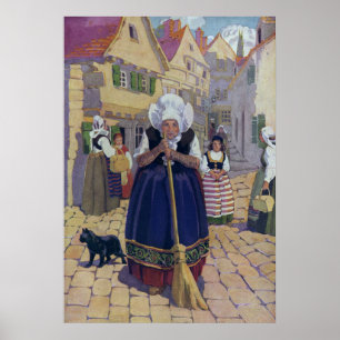 Alte Frau, Katze und Besen Kinderreim Poster