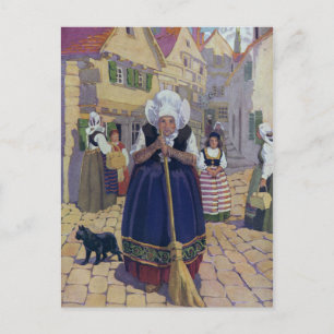 Alte Frau, Katze und Besen Kinderreim Postkarte