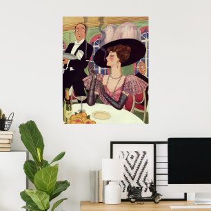 Alte Frau raucht Zigarette und trinkt Champagner Poster