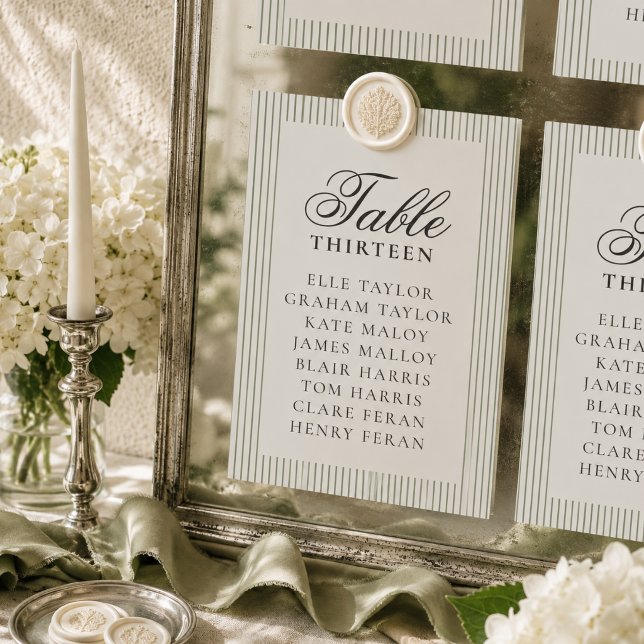 Alte Geld Sage Stripe Hochzeits-Sitzplan Tischnummer (Old Money Sage Stripe Wedding Seating Chart Table Number)